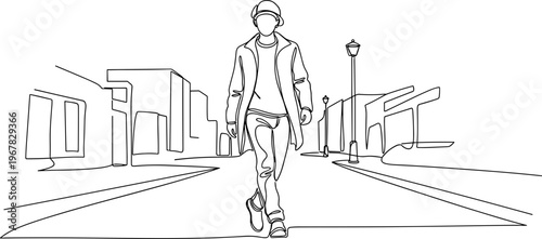 Man Walking Down City Street Alone.