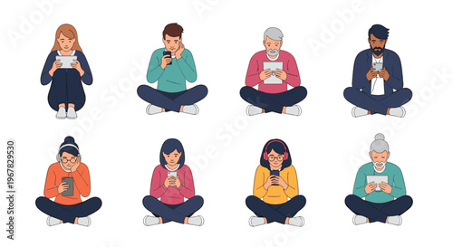 Diverse group of people sitting cross-legged on floor using mobile devices including smartphones and tablets for social connectivity.