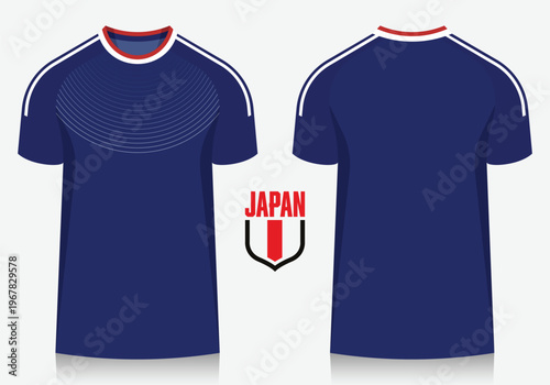 Japan national football team soccer jersey or football kit template design. Soccer shirt icon for football world tournament in 2026. Front and back view soccer jersey mockup. 