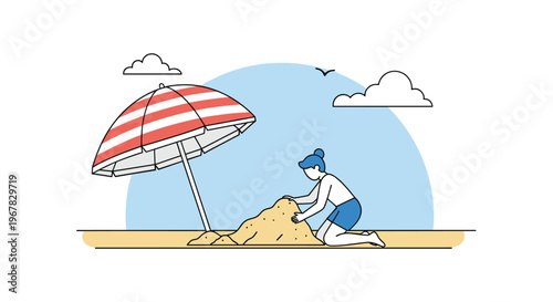 Young woman kneeling on a sunny beach under a striped umbrella while carefully building a sandcastle on the shore.