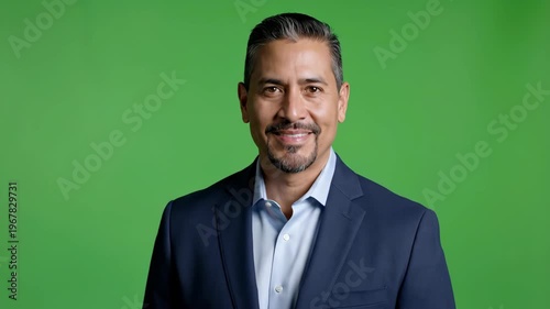 Professional businessman smiling in front of green screen
