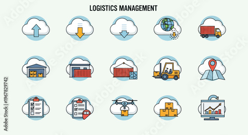 Logistics Management Icons: Cloud, Delivery, Warehouse, Drone, Forklift, Map, Charts