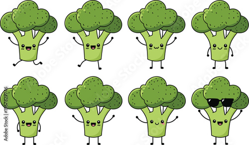 Cute broccoli cartoon characters vector set. Funny green vegetable mascots with different emotions. Playful healthy food illustration for kids design nutrition and fun branding graphics.