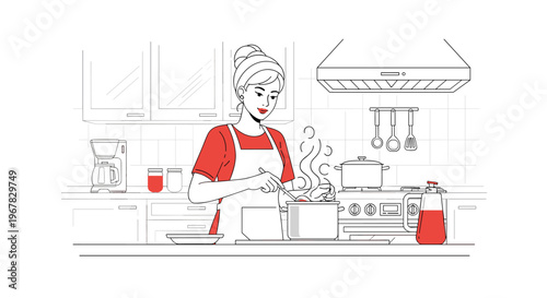 Modern woman wearing an apron and cooking a meal in a well equipped kitchen with white cabinets and red accents.