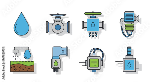 Water industry icons: drop, valves, pump, irrigation, tap, filter