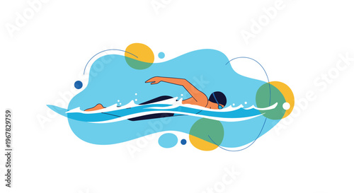 Male athlete in swimming goggles and cap performing front crawl stroke in blue water with colorful abstract circular background.