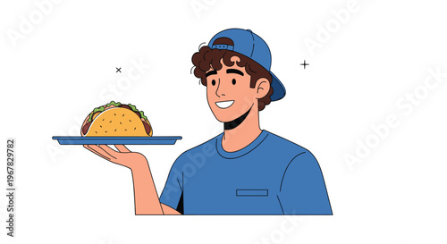 Smiling young man wearing a blue cap and t-shirt holding a blue tray with a large delicious loaded mexican taco.