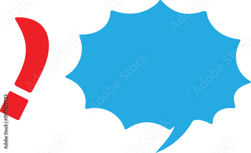 A blue comic speech bubble with a red exclamation mark