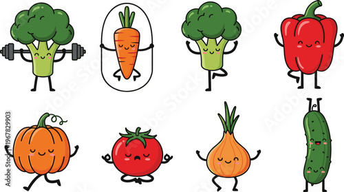 Cartoon vegetables fitness characters vector set. Funny broccoli carrot pepper tomato pumpkin onion and cucumber mascots exercising. healthy lifestyle illustration for kids design and workout concept.