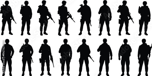 Military soldier silhouette set featuring armed infantrymen with rifles and tactical gear isolated on white background for war concept design