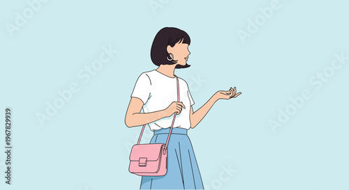 Elegant young woman with short dark hair wearing a white top and blue skirt carrying a pink leather crossbody bag.