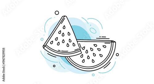 Simple line art illustration of two refreshing watermelon slices with seeds set against a light blue abstract circle background.
