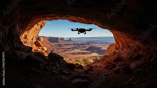 A drone flying out of a dark cave opening, revealing a vast desert canyon landscape under a clear blue sky.