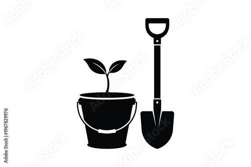 Minimalist gardening icon set, black silhouette of a young plant in a bucket and a garden shovel, planting and horticulture concept vector