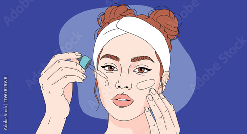 Young woman with hair in buns applying skincare serum or oil to her face using a glass dropper against a blue background.