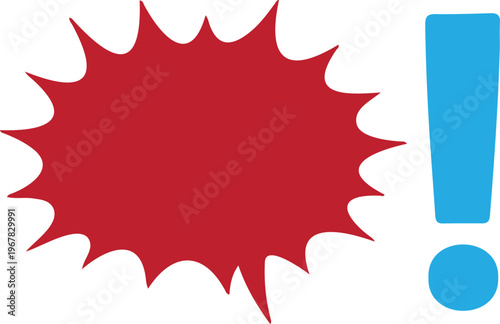 Red explosion speech bubble with blue exclamation mark