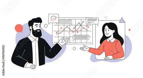 Online business meeting concept with a man and woman appearing in windows to discuss a complex line chart and analytics.