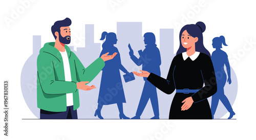 Young man in a green jacket and woman in a black dress talking on a busy city street with people silhouettes.