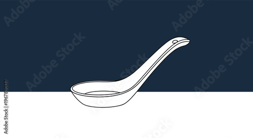 Single white ceramic soup spoon or kitchen ladle presented against a minimalist horizontal blue and white background.