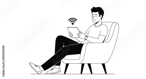 Young man sitting comfortably in a modern armchair while using a digital tablet connected to wireless wifi internet.