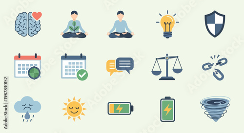 Mindfulness, Meditation, Health, Ideas, Security, Planning, Communication, Balance, Connection Icons