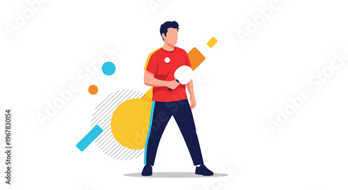 Male athlete in a red shirt and dark pants standing in a ready position for a competitive table tennis or ping pong game.