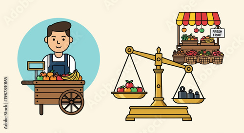 Fruit Vendor Weighing Produce on Scale, Market Stall Illustration