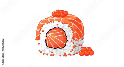 Gourmet uramaki sushi roll topped with fresh salmon slices and orange fish roe ikura served as a single delicious piece.