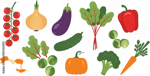Fresh vegetables flat vector collection. Tomato onion eggplant pepper pumpkin cucumber broccoli carrot and leafy greens. Organic farm produce illustration for cooking healthy food and grocery design.