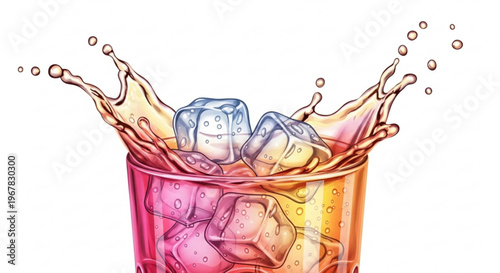 Refreshing drink with ice cubes splashing in a colorful glass on a white background perfect for summer