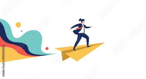 Confident businesswoman flying forward while standing on a large yellow paper airplane over an abstract colorful background.
