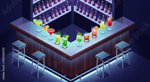 Colorful cocktails on a bar counter at night with stools and shelves of bottles in the background nightlife scene