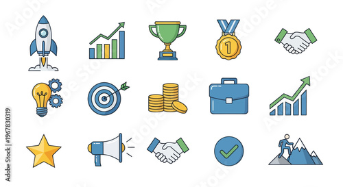 Business Success Icons: Rocket, Graph, Trophy, Medal, Handshake, Lightbulb, Target, Coins