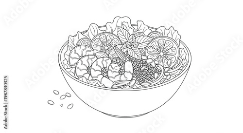 Detailed line art drawing of a healthy seafood salad bowl containing large shrimp, lemon slices, seeds, and leafy greens.