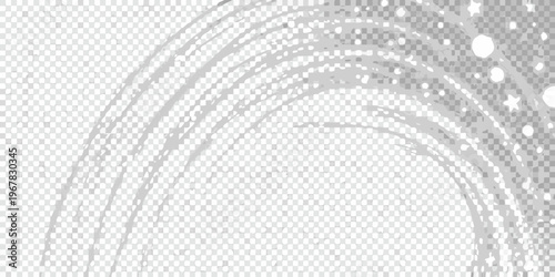 Abstract gray brushstroke arc with scattered white dots on transparent background