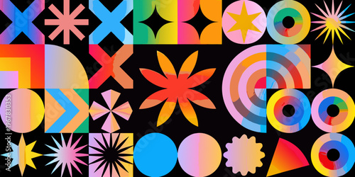 Colorful abstract geometric shapes and patterns arranged in a grid layout