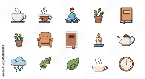 Cozy Home Icons: Coffee, Tea, Books, Meditation, Plant, Armchair, Candle, Clock, Rain