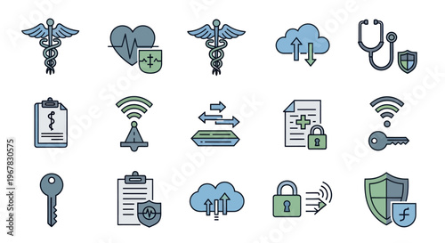 Medical Technology Icons: Health, Security, Cloud, Data Transfer, Wi-Fi, Key