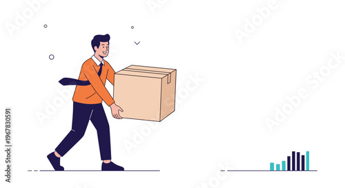 Smiling businessman in an orange shirt and tie carrying a large brown cardboard box across an empty white background space.