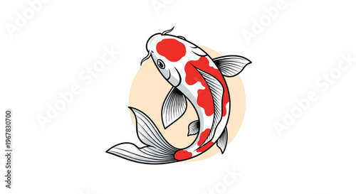 Beautiful illustration of a koi fish swimming in a circle with red spots on its white body and elegant flowing fins.