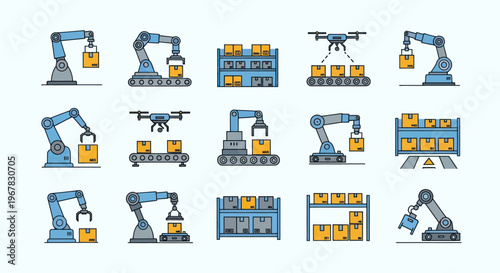 Robotic Arms and Drones in Automated Warehouse Logistics - Flat Icons Set