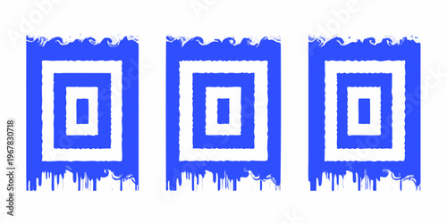 Three blue and white geometric panels with nested rectangular shapes