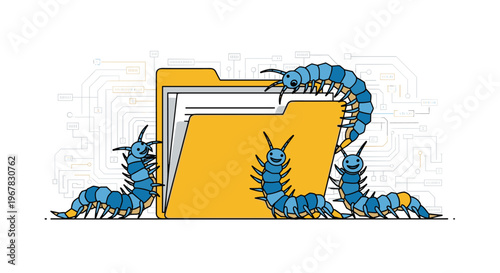 Group of blue centipede-like bugs crawling all over an orange office folder filled with white paper document files.