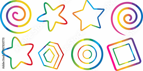 Colorful geometric shapes including stars spirals and polygons on white