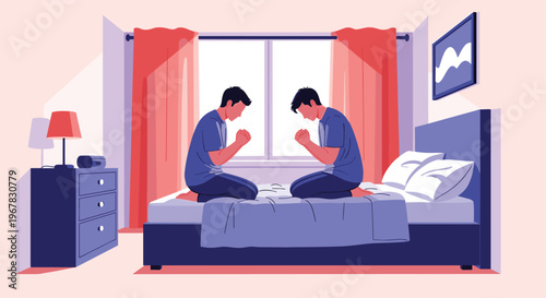 Two young men kneeling on a bed in a bedroom and praying together with sincerity in front of a bright window.