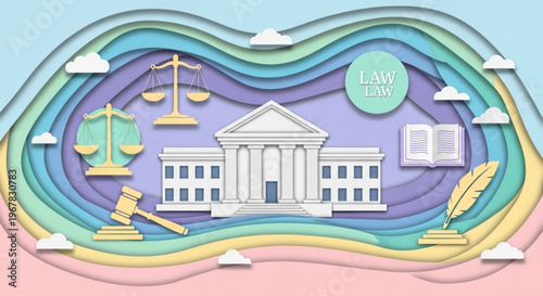 Law firm concept with courthouse scales of justice gavel and legal documents in a colorful illustration