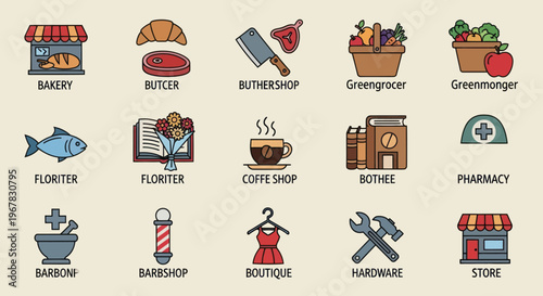 Set of Flat Icons Representing Small Businesses and Shops