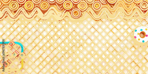 A colorful background featuring waffles chocolate and a sprinkle donut