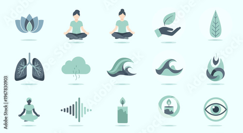 Meditation Icons: Yoga, Lotus, Waves, Lungs, Candle, Eye, Leaf, Sound Waves