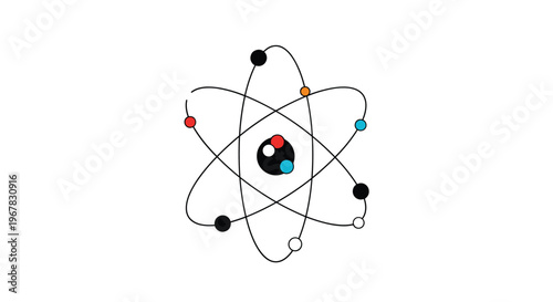 Detailed scientific model of an atom with electrons in various orbits and a central nucleus with protons and neutrons.